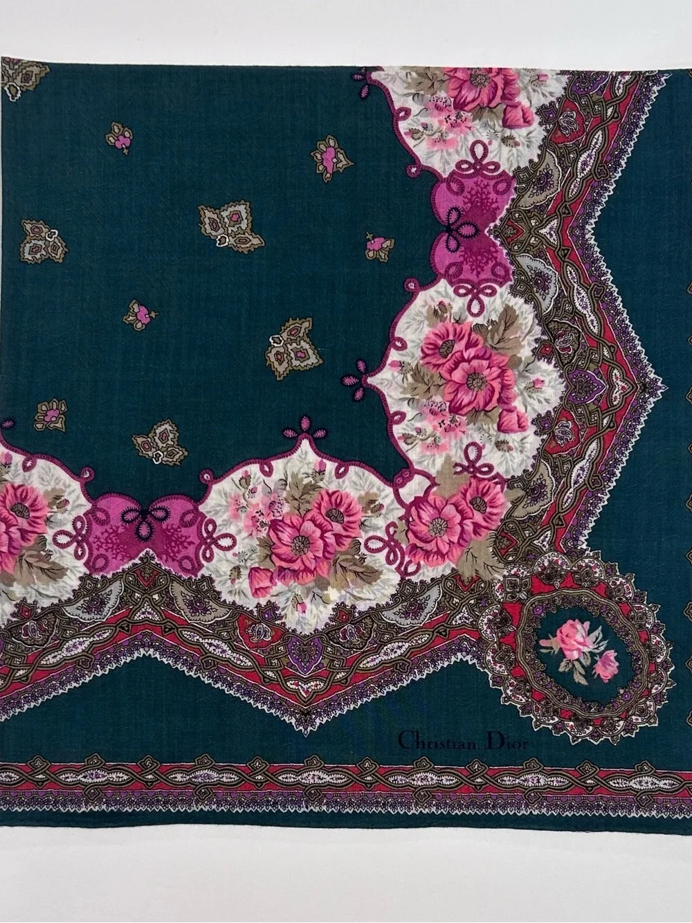 WOMEN HANDKERCHIEF CHRISTIAN DIOR Floral Green Pink Bandana Scarf COTTON 20”